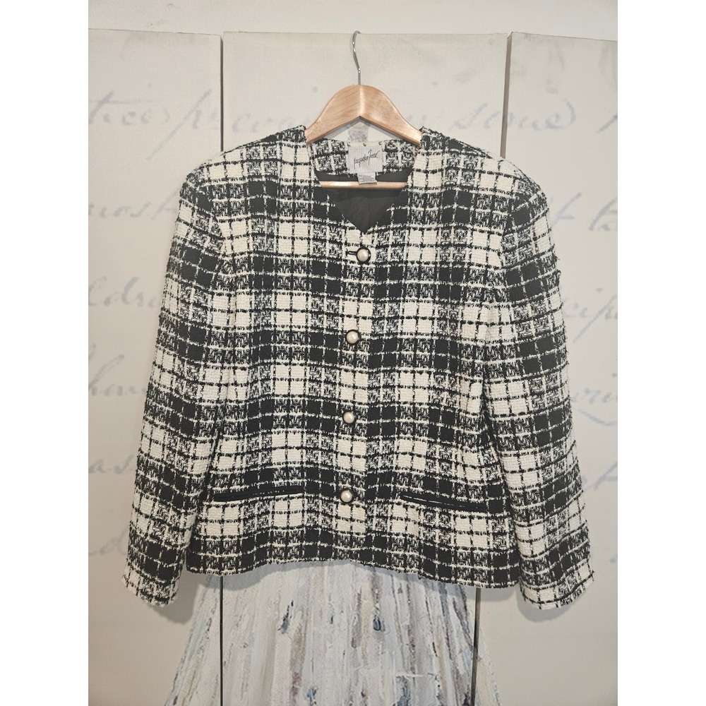 Jacqueline Ferrar Vintage Plaid Tweed Blazer Black White Pearl Button Size 14